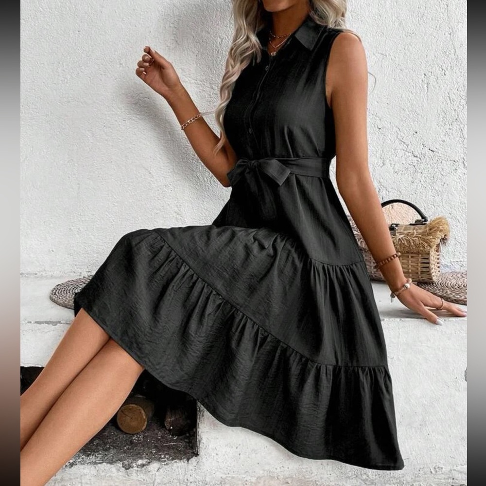 Boho ruffle hem belted shirt dress - Picture 9 of 16